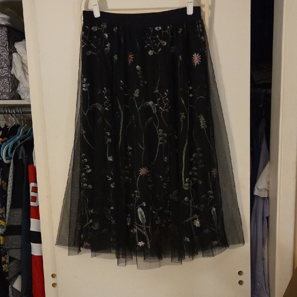 Floral Embroidered Black Skirt